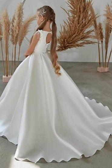 A-Line Scoop Neck Sleeveless Satin Court Train Flower Girl Dresses 738005217304 - COCOMELODY