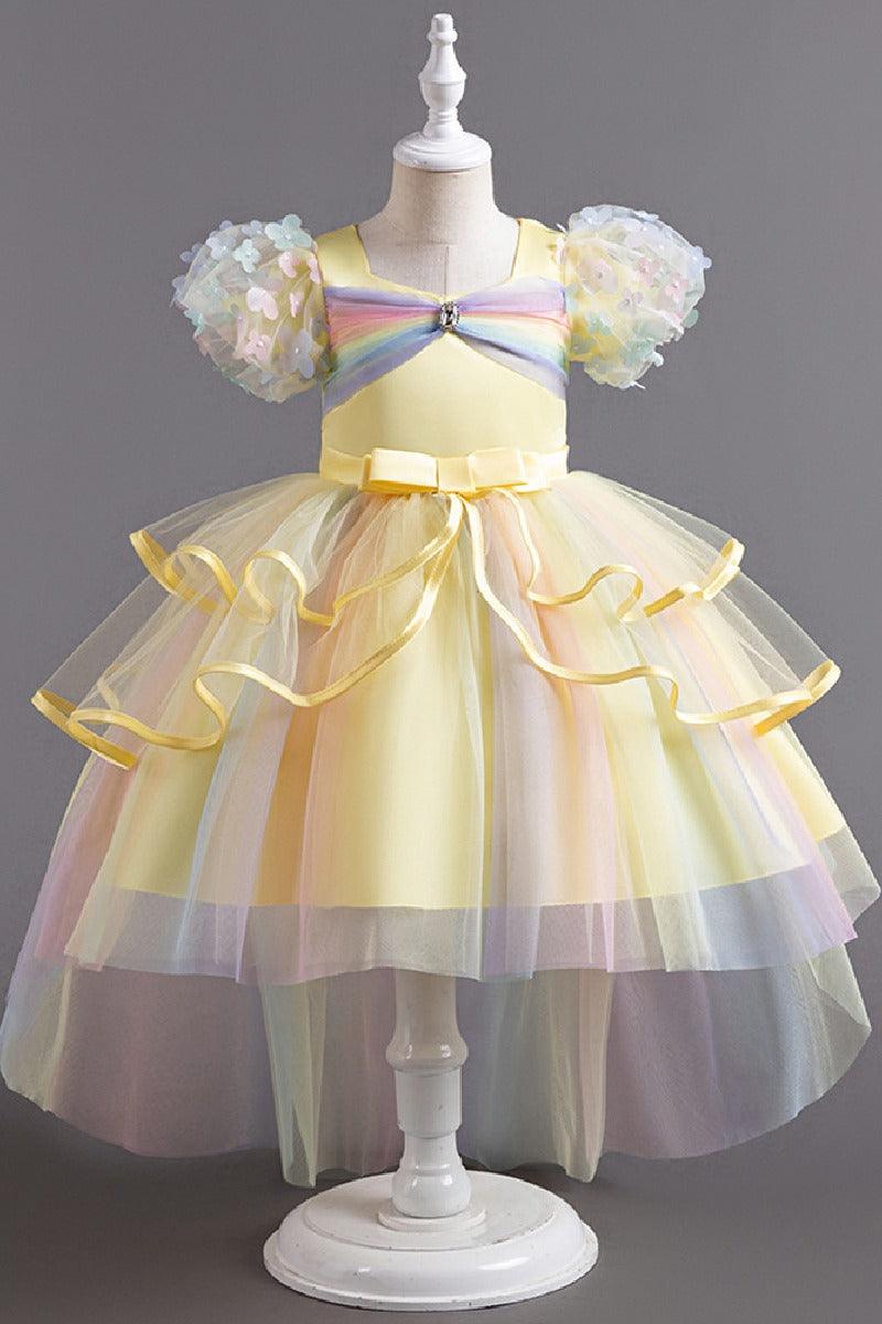 Princess Flower Puff Sleeve Pastel Rainbow High-Low Tulle Flower Girl Dresses 1030166757920 - 7 Days / Yellow / 110cm - COCOMELODY