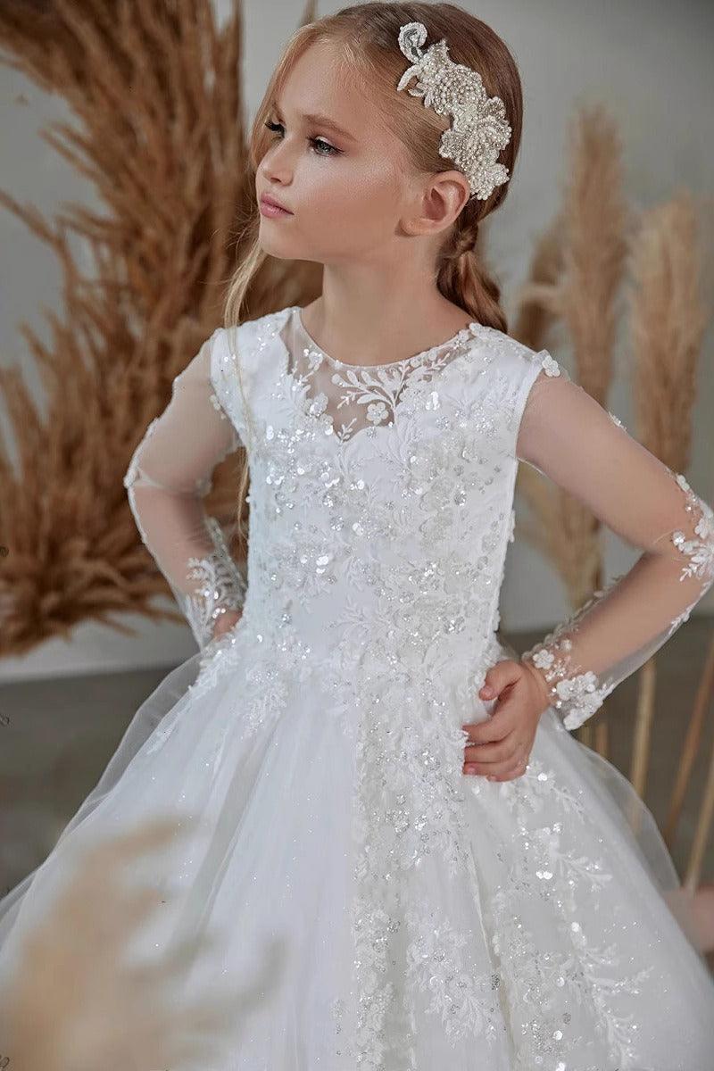 Round Neck Illusion Long Lace Sleeve Tulle Flower Girl Dress 673420614521 - 10 Days / White / 2 - COCOMELODY
