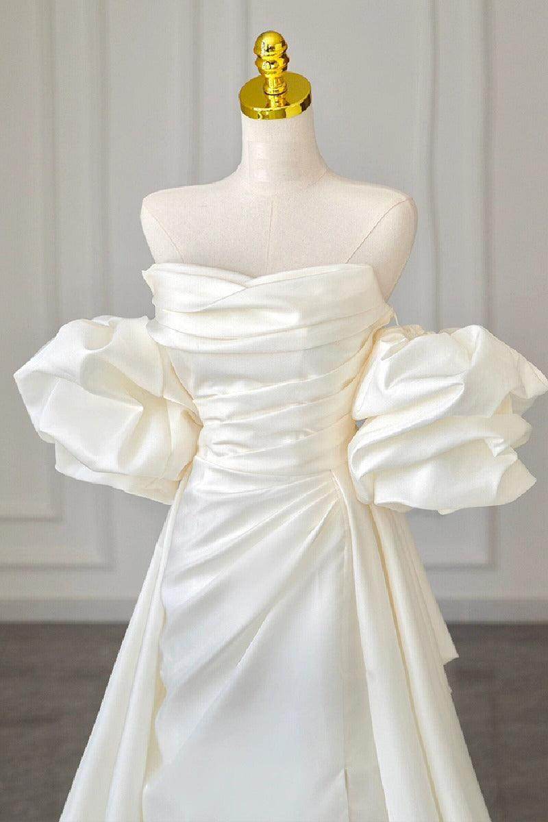 A-Line Court Train Satin Wedding Dress 768070969187 - COCOMELODY