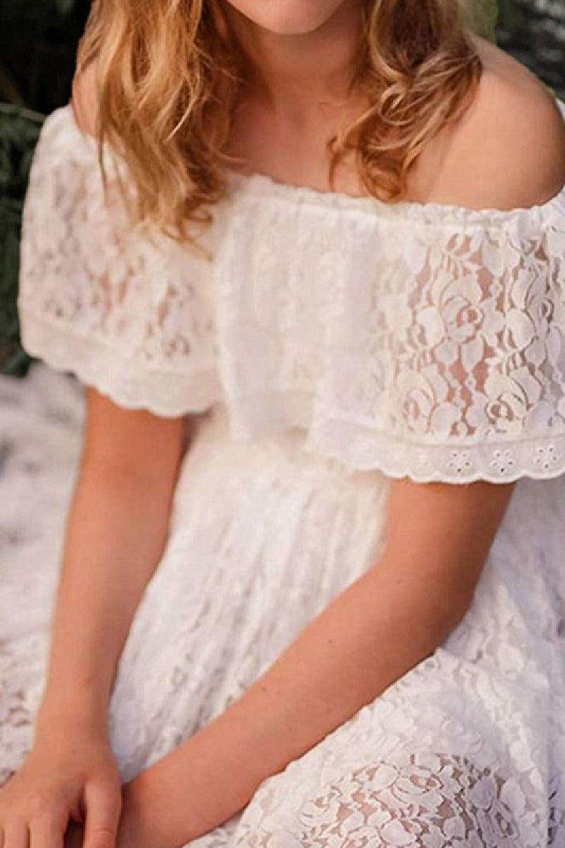 A-Line Off The Shoulder Neck Cold Shoulder Sleeves Lace High-Low Flower Girl Dresses 725677421000 - COCOMELODY