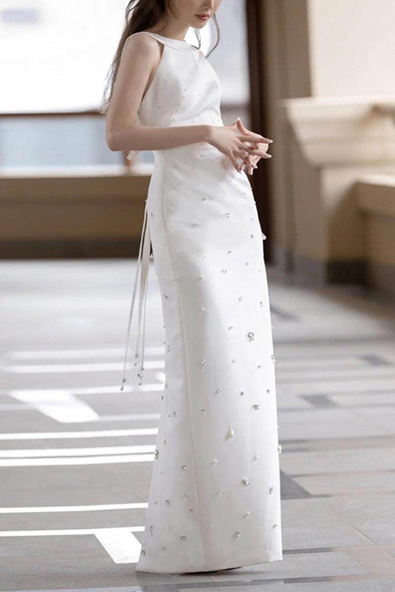 Sheath-Column Floor Length Satin Wedding Dress 796064155426 - COCOMELODY