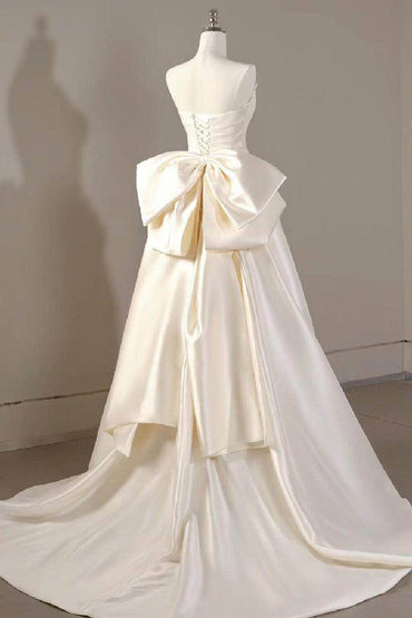 A-Line Sweep-Brush Train Satin Wedding Dress 814546469493 - COCOMELODY