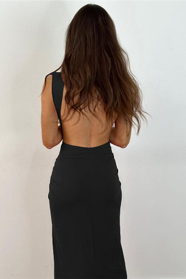 Stylish backless sexy V-neck long leg slit cocktail dress 700741797110