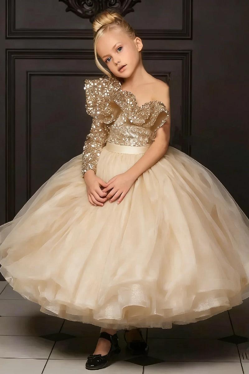 Ball Gown One Shoulder Ankle Length Tulle Ruffled Sequin Flower Girl Dresses 750104605618 - 7 Days / Champagne / 2 - COCOMELODY
