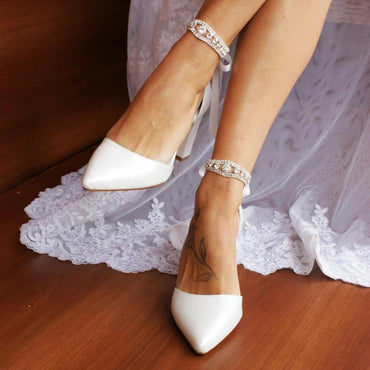 Pointed Toe Ankle Strap Block Heel Shoes with Rhinestone Bow 709319638118 - 7 Days / White / 36 - COCOMELODY