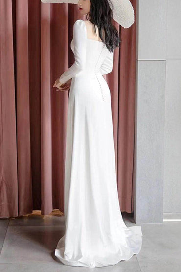 Sheath-Column Sweep-Brush Train Satin Wedding Dress 693111381183 - COCOMELODY
