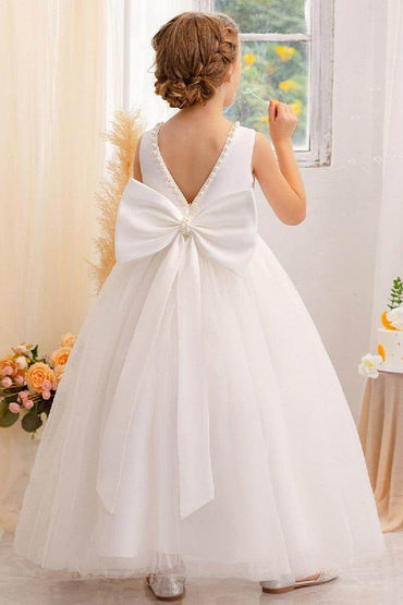 A-Line Scoop Neck Satin/Tulle Flower Girl Dresses With Bow(s)/Beading 752041855392 - COCOMELODY
