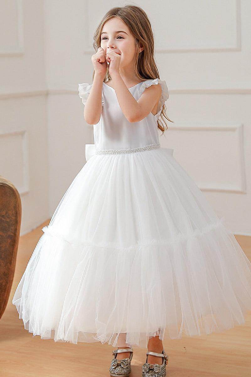 Ball-Gown Scoop Neck Satin/Tulle Flower Girl Dresses With Bow(s)/Beading 784695000859 - COCOMELODY