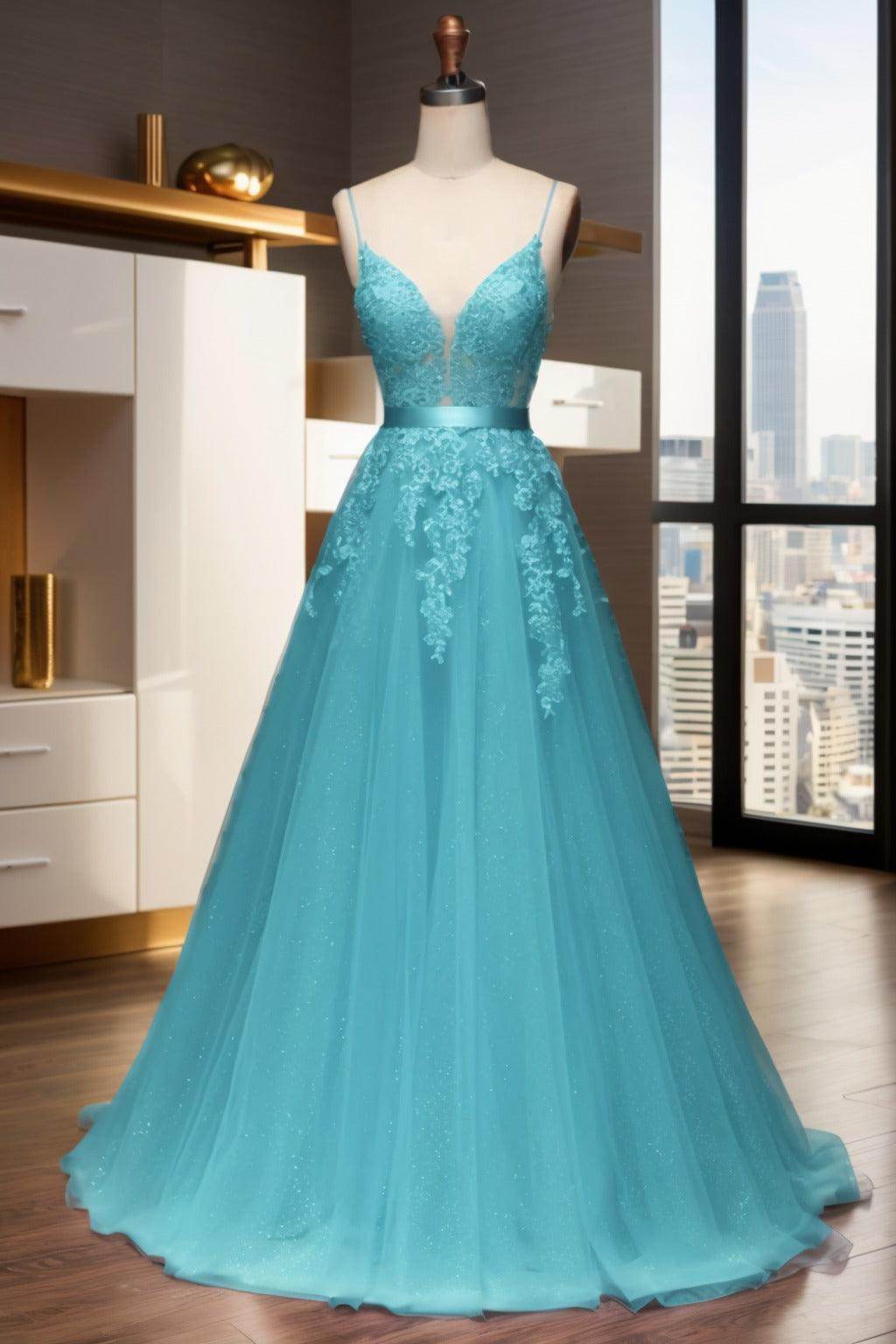 A-Line Sweep-Brush Train Tulle Prom Dress CS0464 - COCOMELODY