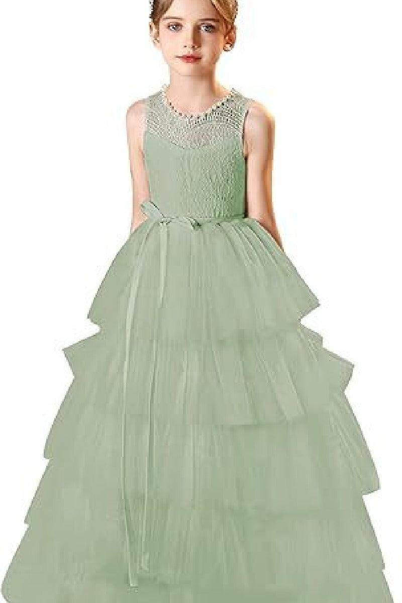 A-Line Scoop Neck Lace/Tulle Flower Girl Dresses With Cascading Ruffles 809160851086 - COCOMELODY
