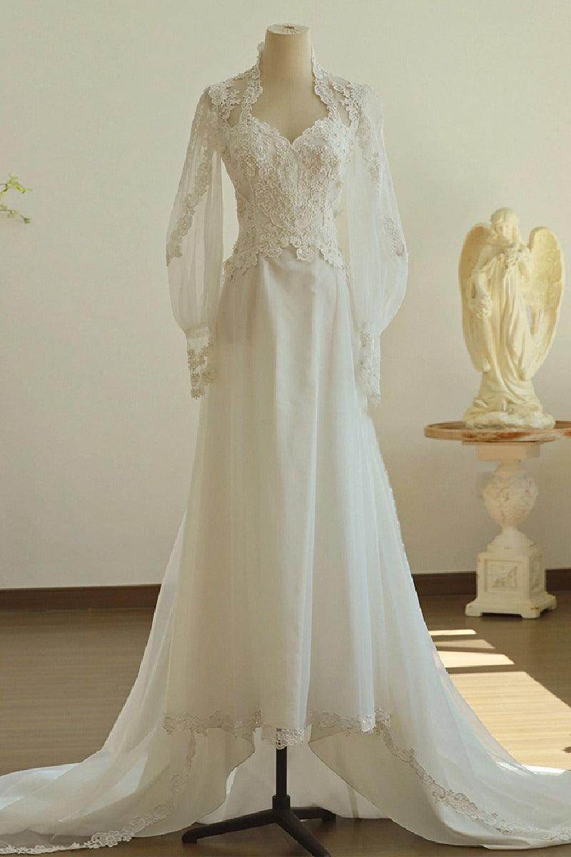 A-Line Sweep-Brush Train Organza Wedding Dress 751725158873 - COCOMELODY