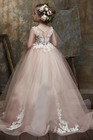 Round Neck Puff Long Sleeve Floral Lace Tulle Flower Girl Dresses 617837002510 - 10 Days / Pink / 2 - COCOMELODY