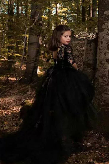High-Low Heart Illusion Neck 3/4 Length Sleeve Tulle Flower Girl Dresses 575468179330 - 7 Days / Black / 2 - COCOMELODY