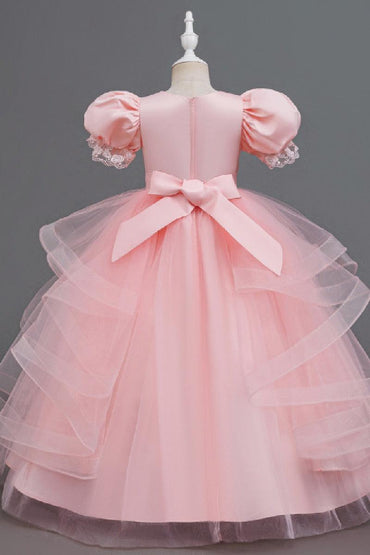 A-Line Round Neck Puff Short Sleeve Ruffled Tulle Floor-Length Flower Girl Dresses 1048500986721 - 7 Days / Blue / 110cm - COCOMELODY