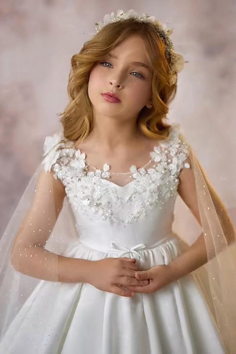 A-Line Illusion Sweetheart Neck Cap Sleeve Satin Sweep-Brush Train Flower Girl Dresses 937382238421 - 10 Days / White / 2 - COCOMELODY