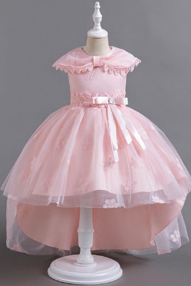 Princess Peter Pan Collar Lace Trim High-Low Floral Tulle Flower Girl Dresses 1030171849352 - 7 Days / Pink / 110cm - COCOMELODY