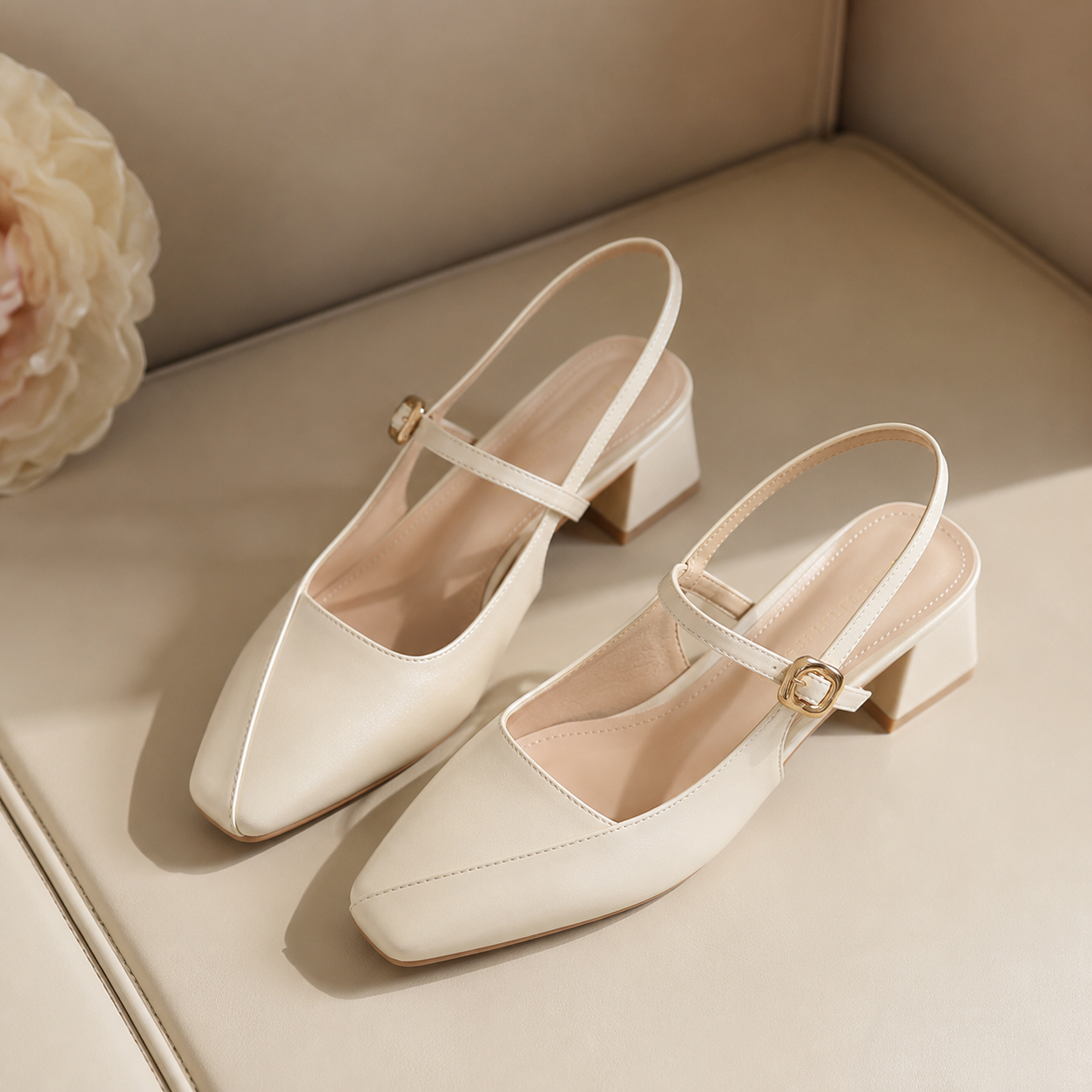 Slingback Block Heel Adjustable Strap Square Toe Shoes 895592040999