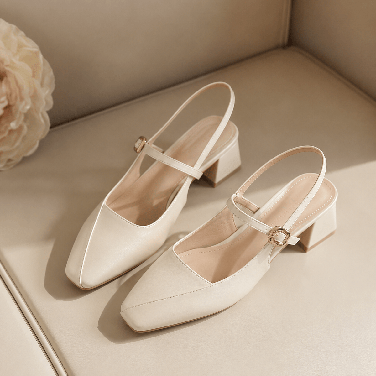 Slingback Block Heel Adjustable Strap Square Toe Shoes 895592040999 - 7 Days / Ivory / 34 - COCOMELODY