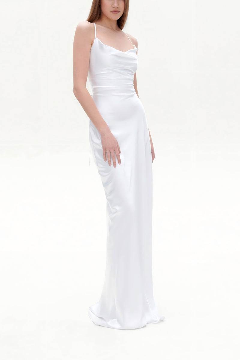 Sheath-Column Sweep-Brush Train Silk-Like Little White Dress 100044 - COCOMELODY