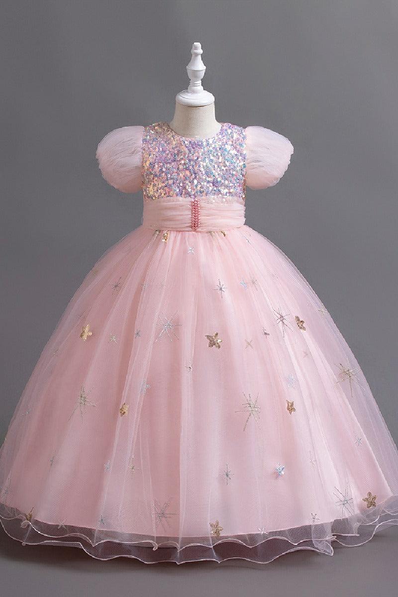 A-Line Puff Sequin Bodice Tulle Floor Length Flower Girl Dresses 1030166757902 - 7 Days / Pink / 110cm - COCOMELODY