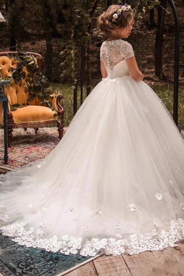 Tulle Ball Gown Round Neck Lace Short Sleeve Flower Girl Dresses 708119155653 - 10 Days / White / 2 - COCOMELODY