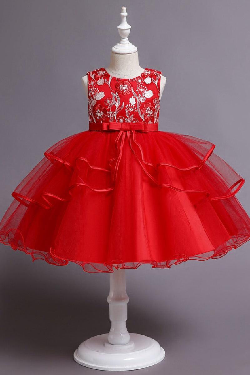 A-Line Round Neck Sleeveless Ruffled Tulle Knee Length Flower Girl Dresses 1029768342439 - 7 Days / Red / 100cm - COCOMELODY