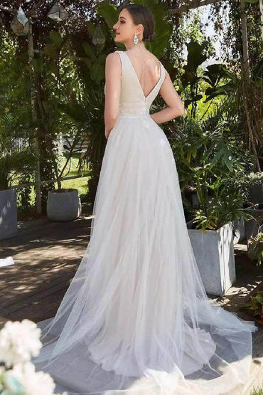 A-Line Sweep-Brush Train Tulle Wedding Dress 837230348553 - COCOMELODY