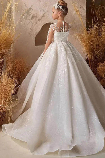 A-Line Illusion Neck Long Sleeve Tulle Court Train Flower Girl Dresses 757294973843 - COCOMELODY