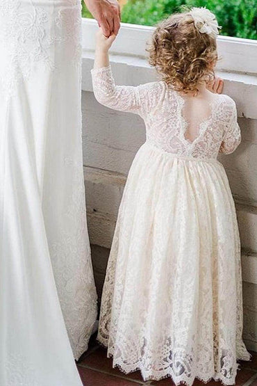 A-Line Scoop Neck Long Sleeve Lace Maxi Flower Girl Dresses 727596202219 - COCOMELODY