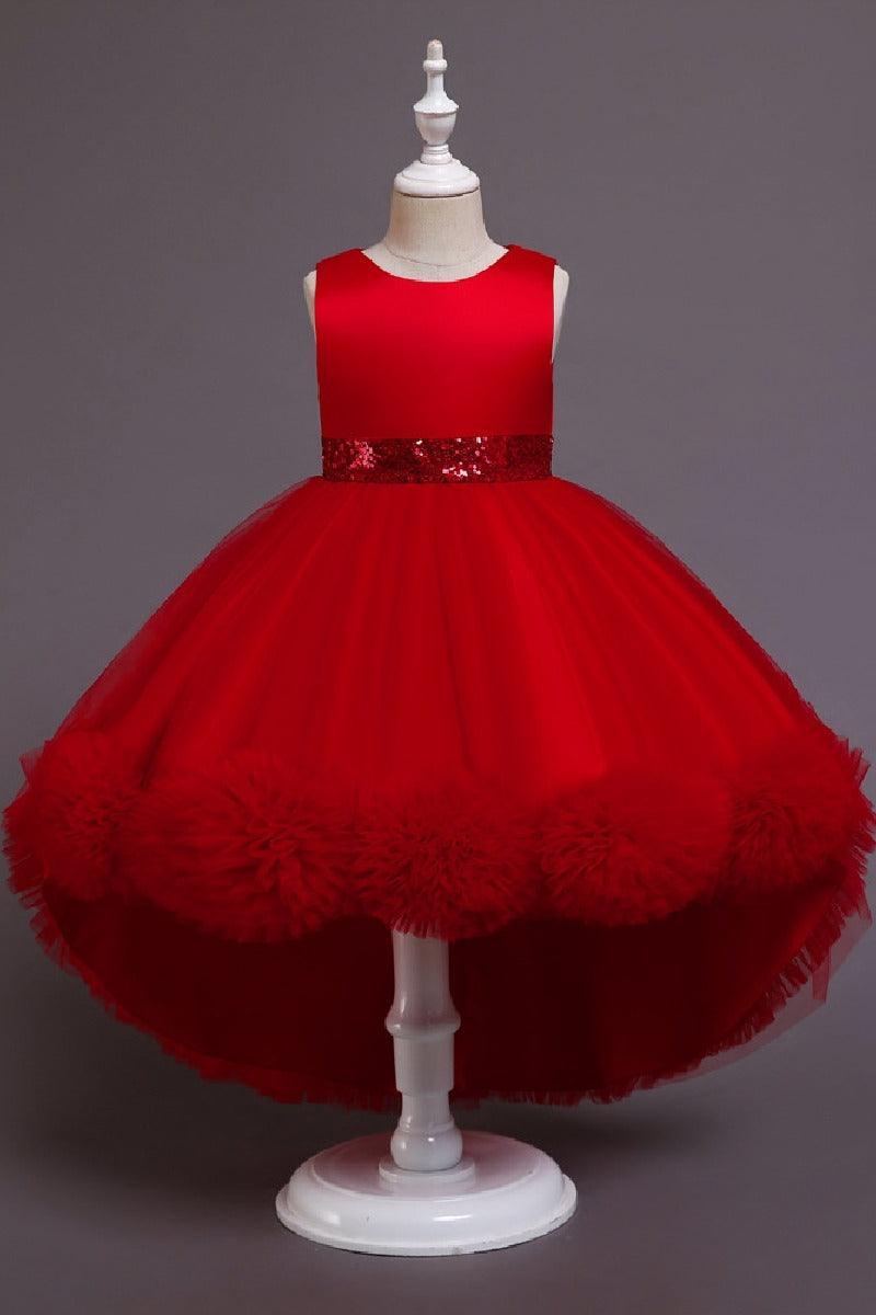 Princess Scoop Neck Sleeveless Hi-Low Tulle Pom Poms Flower Girl Dresses 1029780202104 - 7 Days / Red / 100cm - COCOMELODY