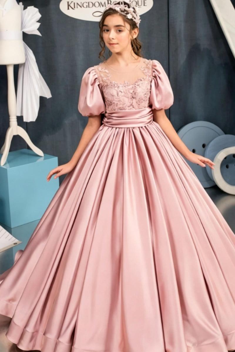 A-Line Illusion Neck Satin Puff Sleeve Flower Girl Dresses 699196034101 - 10 Days / Pink / 2 - COCOMELODY