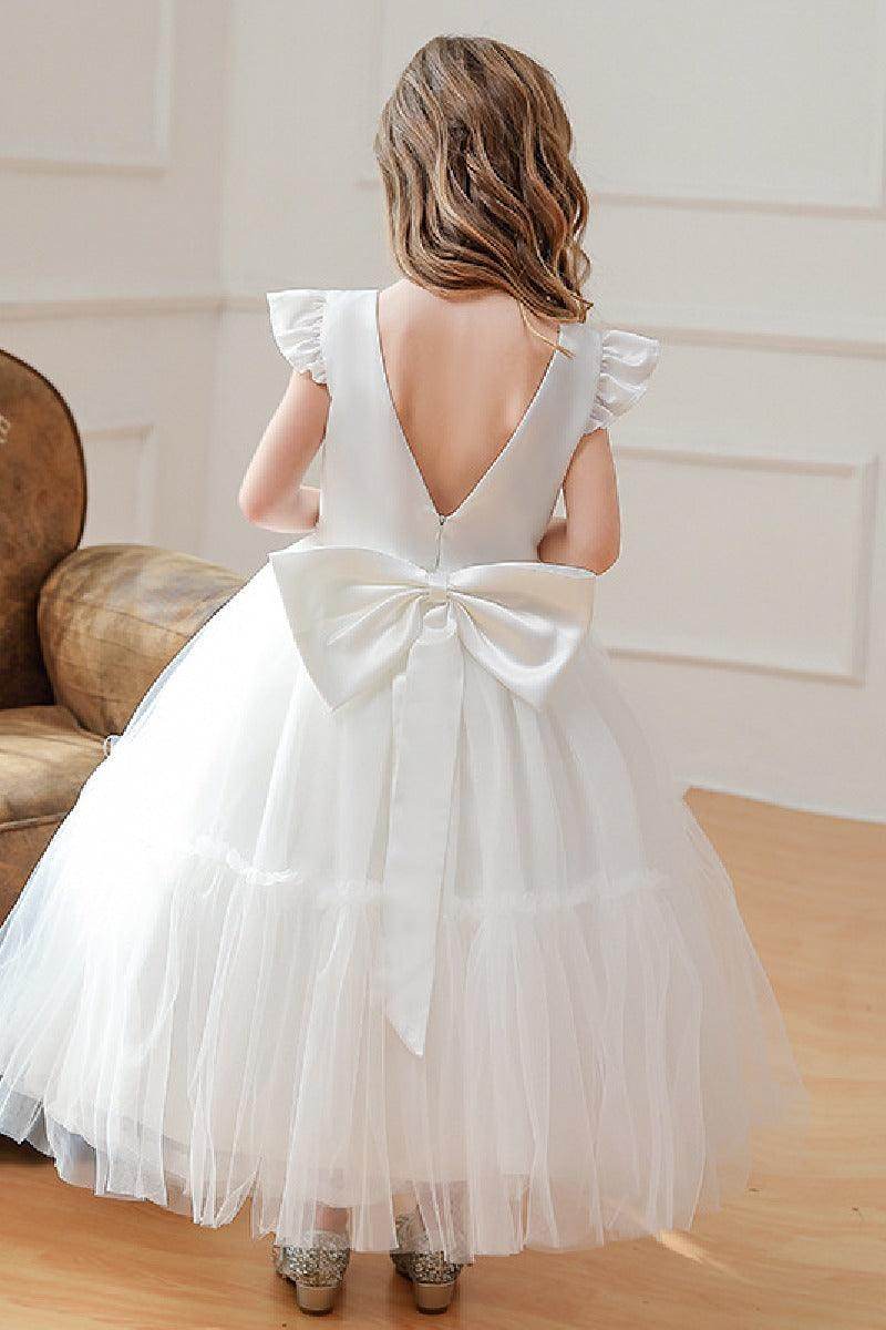 Ball-Gown Scoop Neck Satin/Tulle Flower Girl Dresses With Bow(s)/Beading 784695000859 - COCOMELODY