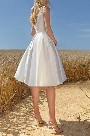 A-Line Midi Satin Little White Dress 948585185707 - COCOMELODY