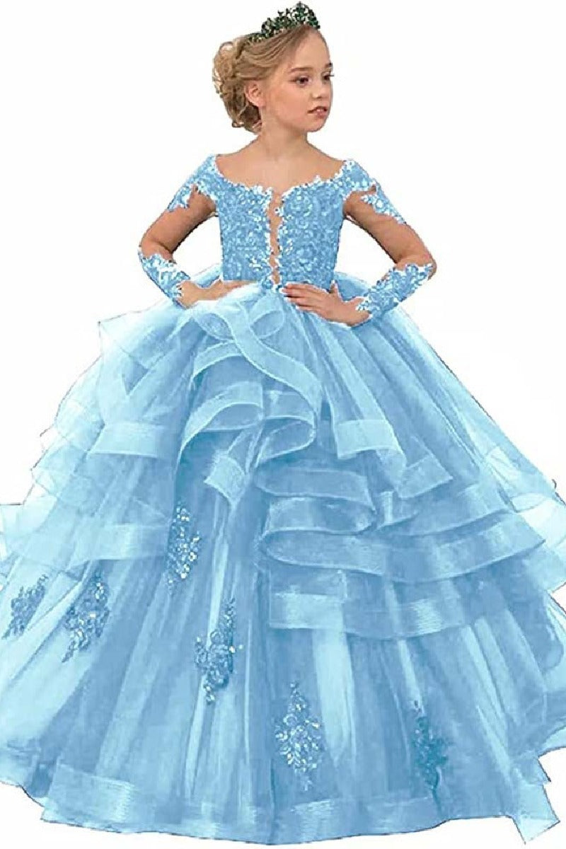 A-Line Off The Shoulder Long Sleeve Tulle Floor Length Flower Girl Dresses 617925271837