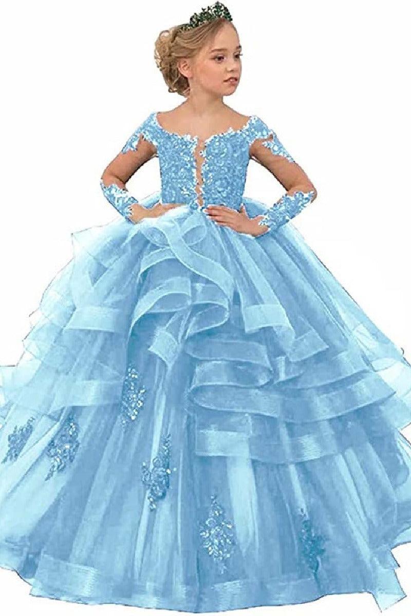 A-Line Off The Shoulder Long Sleeve Tulle Floor Length Flower Girl Dresses 617925271837 - 7 Days / Sky Blue / 2 - COCOMELODY