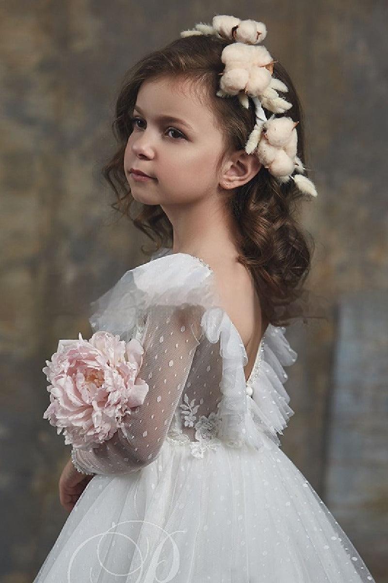 Dot Sheer Long Sleeve Sweep-Brush Train Tulle Flower Girl Dresses 631984909444 - 7 Days / White / 2 - COCOMELODY