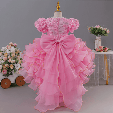 Princess Pearl Short Puff Bubble Sleeve Ruffled Tulle Flower Girl Dresses 1030620832344 - 7 Days / Pink / 110cm - COCOMELODY