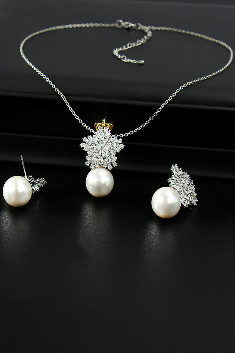 Snowflakes Shaped Pearl/Zircon Wedding Earrings/Necklace Jewelry Sets (Set of 2) 702536274457