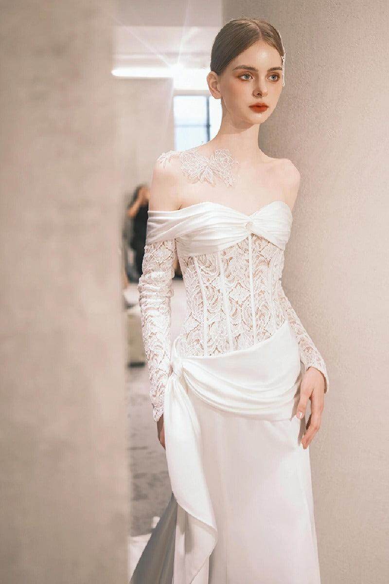 Sheath-Column Court Train Lace Satin Wedding Dress 818657898360 - COCOMELODY