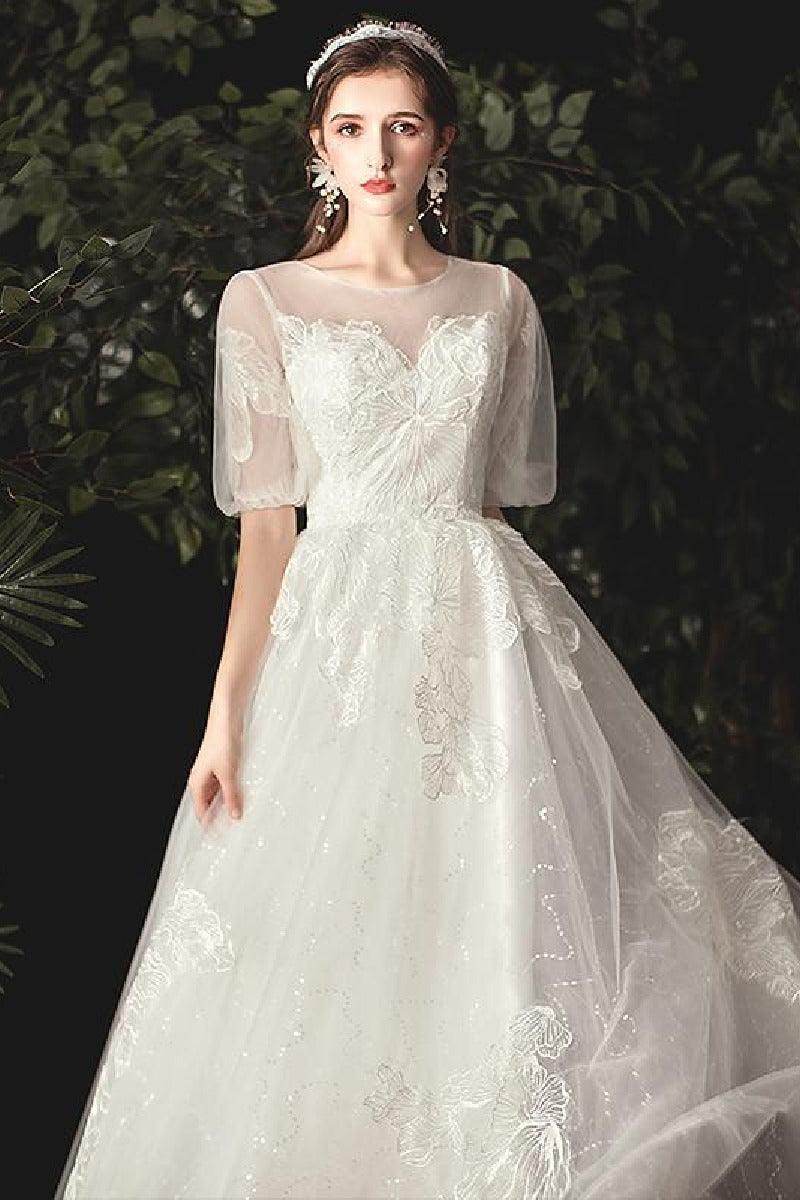 A-Line Floor Length Lace Sparkle Tulle Wedding Dress 679817491233 - COCOMELODY