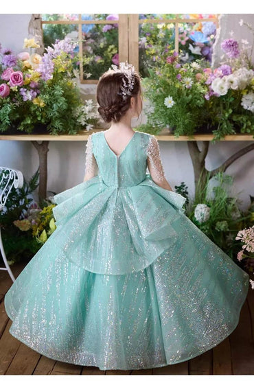 A-Line V-Neck Cap Sleeve Sparkle Tulle Floor Length Flower Girl Dresses 993037422575 - 7 Days / 100cm / Green - COCOMELODY