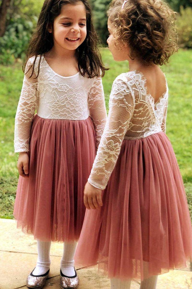 A-Line Scoop Neck Long Sleeve Lace/Tulle Flower Girl Dresses 727439275194 - COCOMELODY