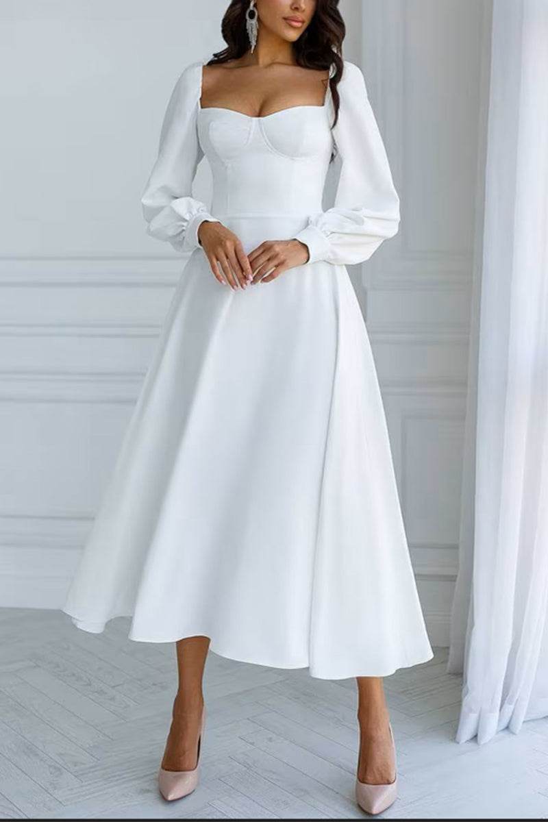 plus size little white dress A-Line Tea Length Elastic Cloth Little White Dress COCOMELODY 100013, 25 Days / Ivory / Custom Size