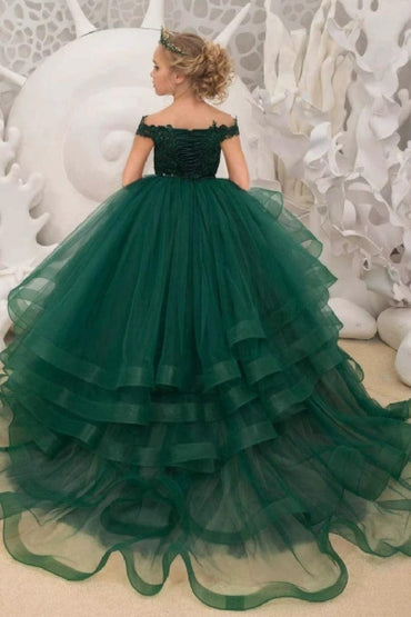 A-Line Off The Shoulder Long Sleeve Tulle Floor Length Flower Girl Dresses 617925271837 - 7 Days / Green / 2 - COCOMELODY