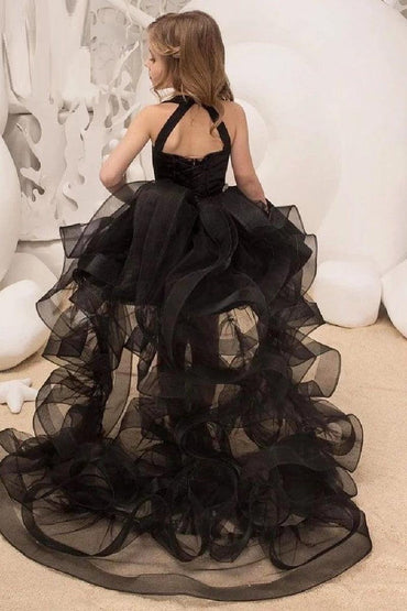 High-Low Satin Detachable Ruffle Tulle Flower Girl Dresses 815498849494 - 7 Days / Black / 2 - COCOMELODY