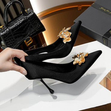 3D Flowers black Satin Pointy Stiletto Heels 769556407493 - COCOMELODY