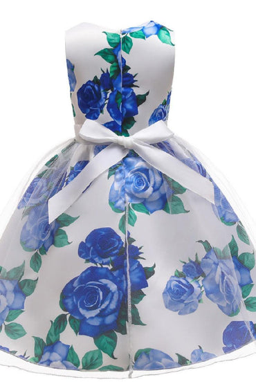 Princess Sleeveless Round Neck Floral Print Knee Length Stain Flower Girl Dresses 1029258726192 - 7 Days / Blue / 6Y - COCOMELODY
