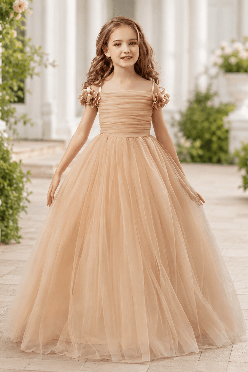 Elegant Floral Shoulder Ruched Bodice Tulle Flower Girl Dresses 890443747250 - 7 Days / Khaki / 130cm - COCOMELODY