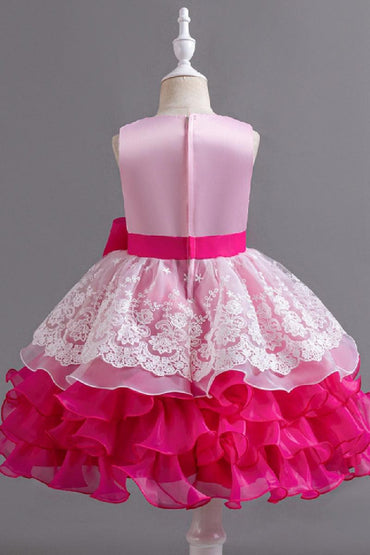 Sleeveless Round Neck Knee Length Tiered Ruffled Organza Lace Flower Girl Dresses 1030684537827 - 7 Days / Fuchsia / 110cm - COCOMELODY